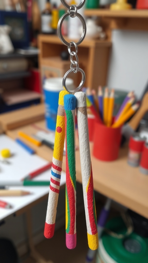A colorful drumsticks keychain made from painted wooden dowels, displayed on a crafting table.
